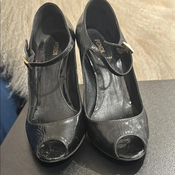 Fendi Black Patent Leather Peep-Toe Mary Jane Heels - Picture 7 of 7